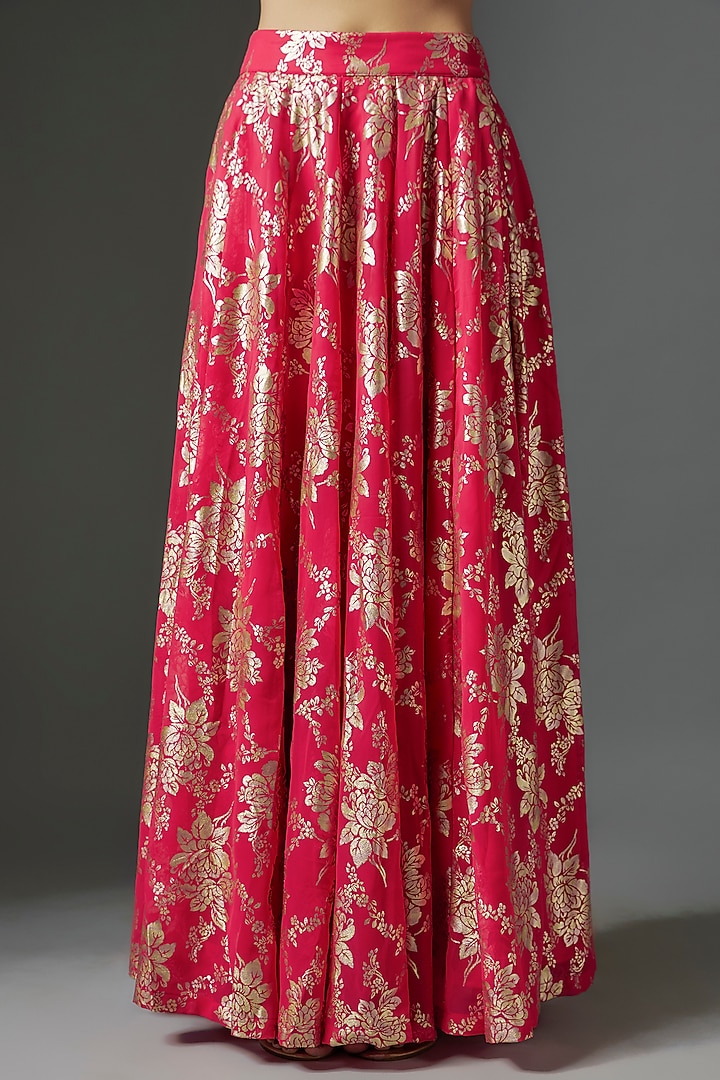 Rani Pink Recycled Polyester Metallic Foil Printed Lehenga Set by Phatakaa at Pernia's Pop Up Shop