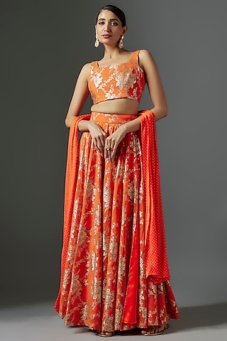 Orange Recycled Polyester Metallic Foil Printed Lehenga Set by Phatakaa