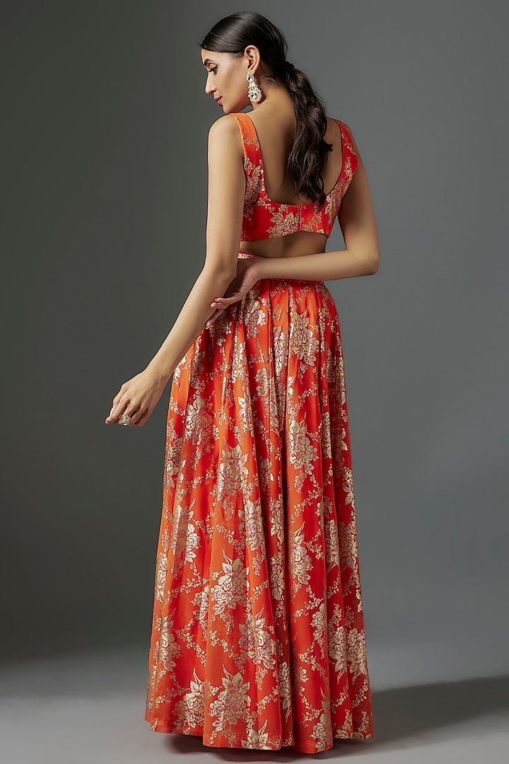 Orange Recycled Polyester Metallic Foil Printed Lehenga Set by Phatakaa at Pernia's Pop Up Shop