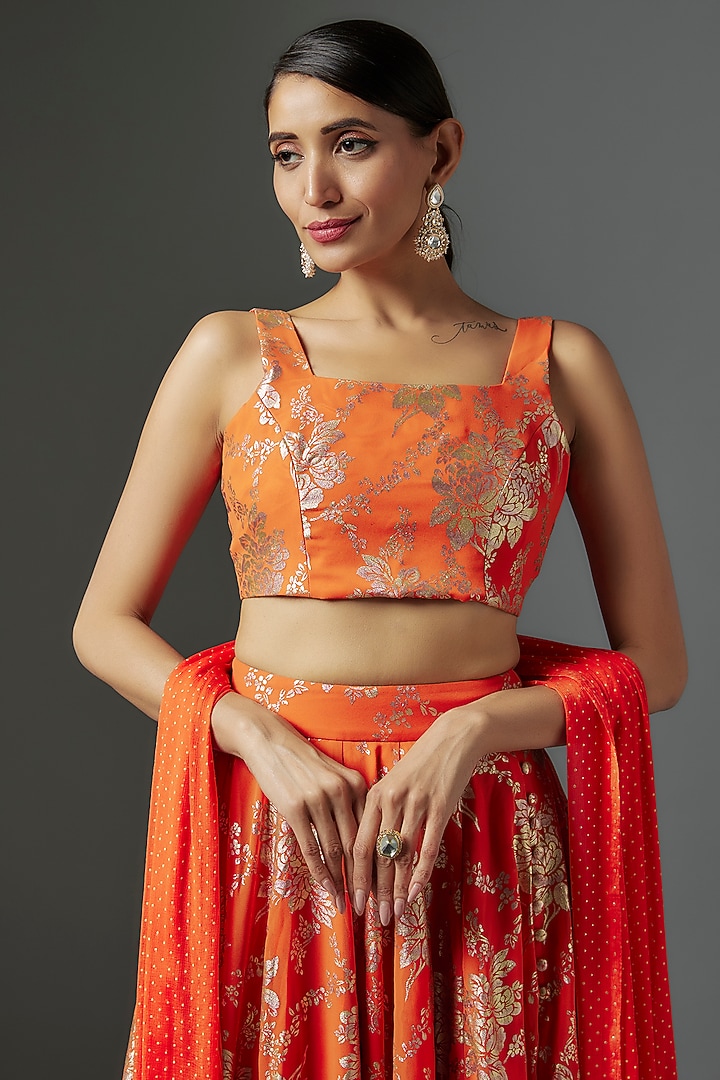 Orange Recycled Polyester Metallic Foil Printed Lehenga Set by Phatakaa at Pernia's Pop Up Shop