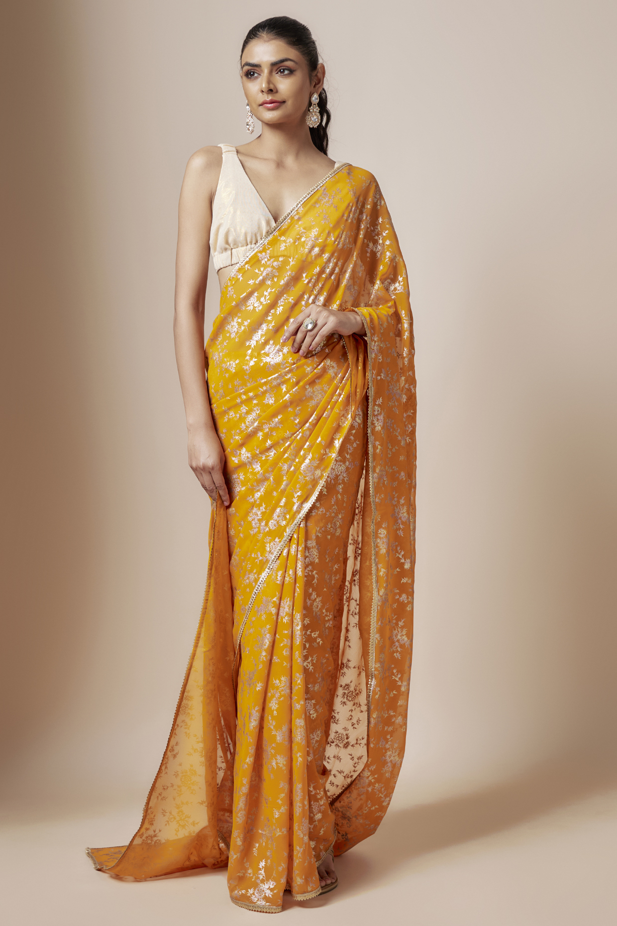 Mango Yellow Recycled Polyester Foil Printed Party Wear Saree Set by Phatakaa at Pernia's Pop Up Shop