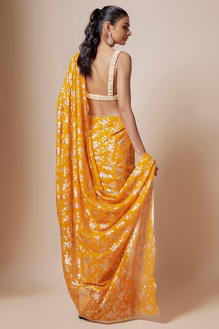 Mango Yellow Recycled Polyester Foil Printed Party Wear Saree Set by Phatakaa at Pernia's Pop Up Shop