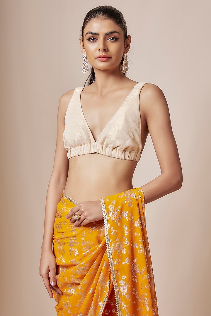 Mango Yellow Recycled Polyester Foil Printed Party Wear Saree Set by Phatakaa at Pernia's Pop Up Shop