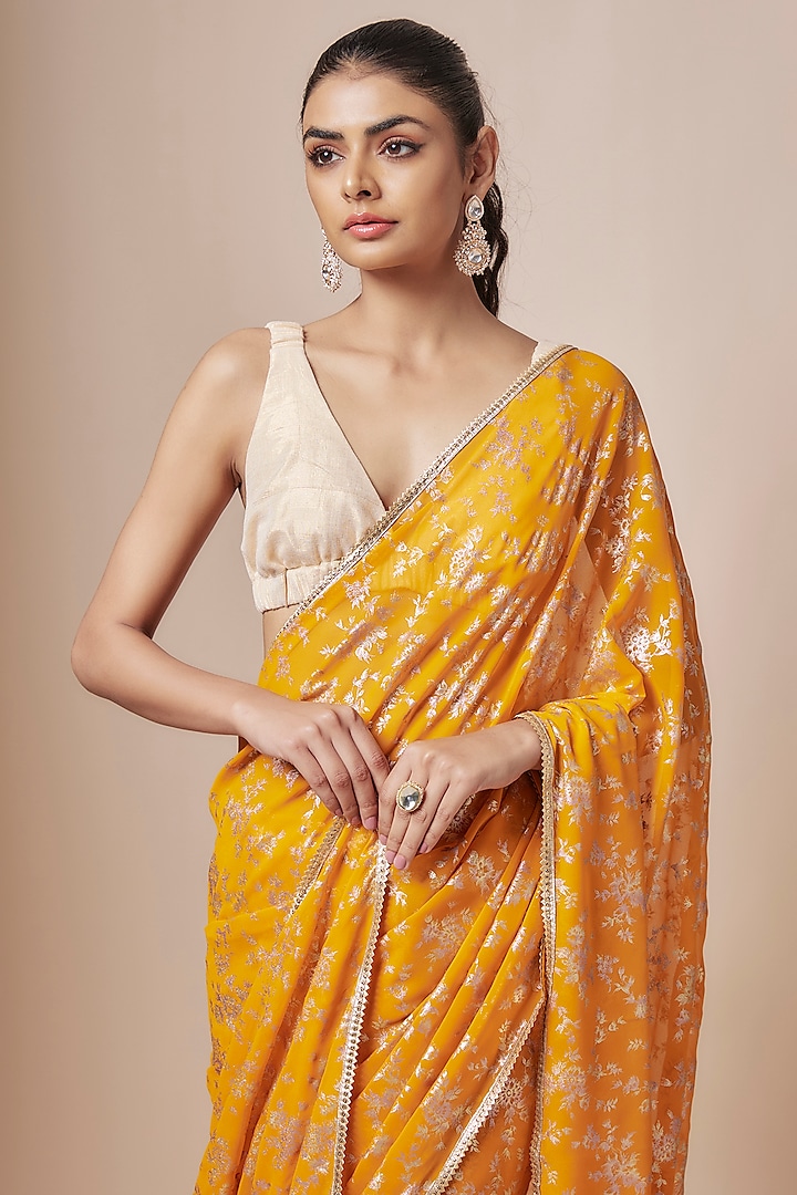 Mango Yellow Recycled Polyester Foil Printed Party Wear Saree Set by Phatakaa at Pernia's Pop Up Shop