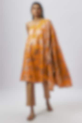 Mustard Recycled Polyester Foil Printed & Metallic Embroidered Kaftan Set by Phatakaa