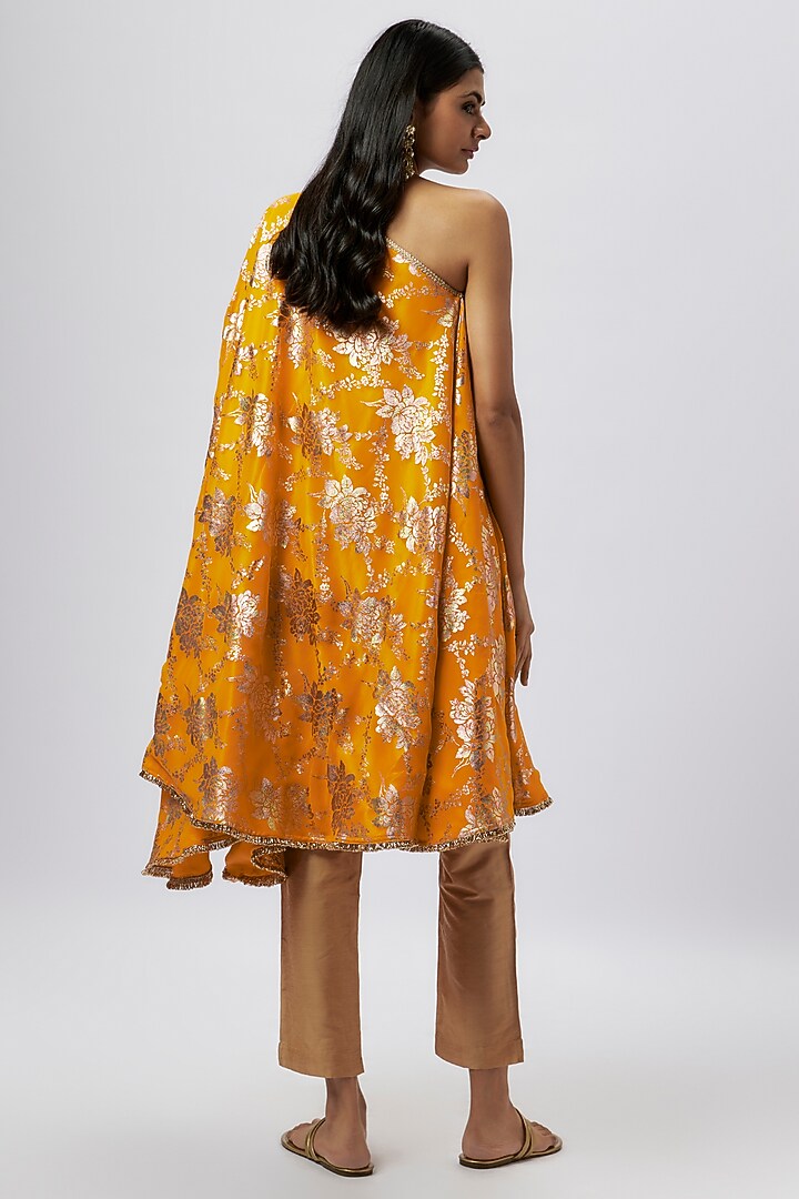 Mustard Recycled Polyester Foil Printed & Metallic Embroidered Kaftan Set by Phatakaa at Pernia's Pop Up Shop