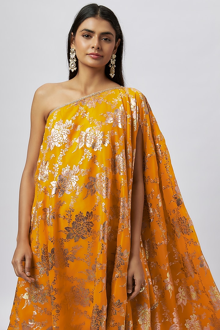 Mustard Recycled Polyester Foil Printed & Metallic Embroidered Kaftan Set by Phatakaa at Pernia's Pop Up Shop