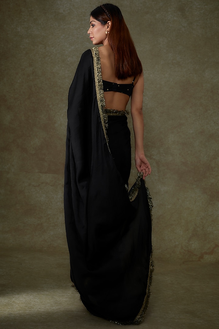Black Satin Georgette Party Wear Saree Set by Phatakaa at Pernia's Pop Up Shop