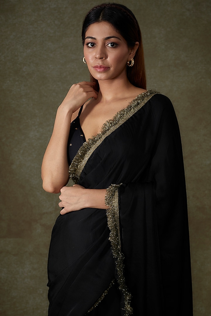Black Satin Georgette Party Wear Saree Set by Phatakaa at Pernia's Pop Up Shop