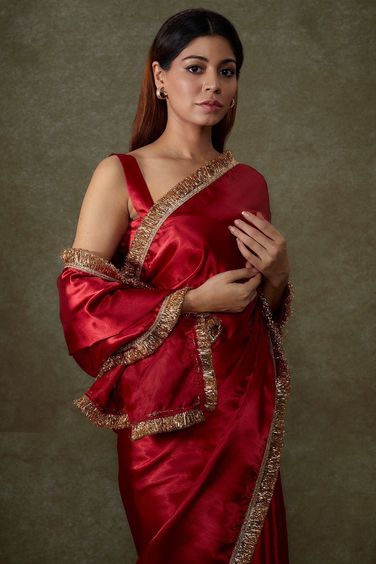 Red Satin Silk Saree With Spade Motifs – StylebyPanaaash