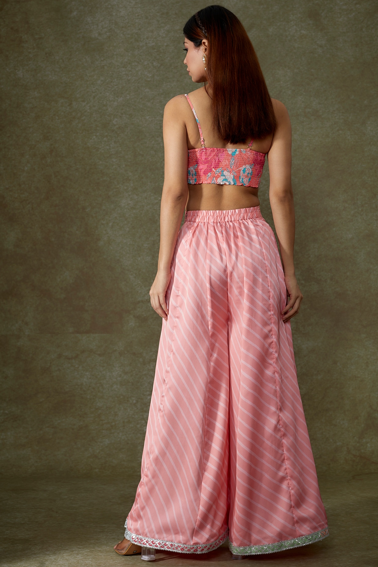 Peach Embroidered Printed Top With Palazzo Pants Drape  Belt Design by  Mani Bhatia at Pernias Pop Up Shop 2023
