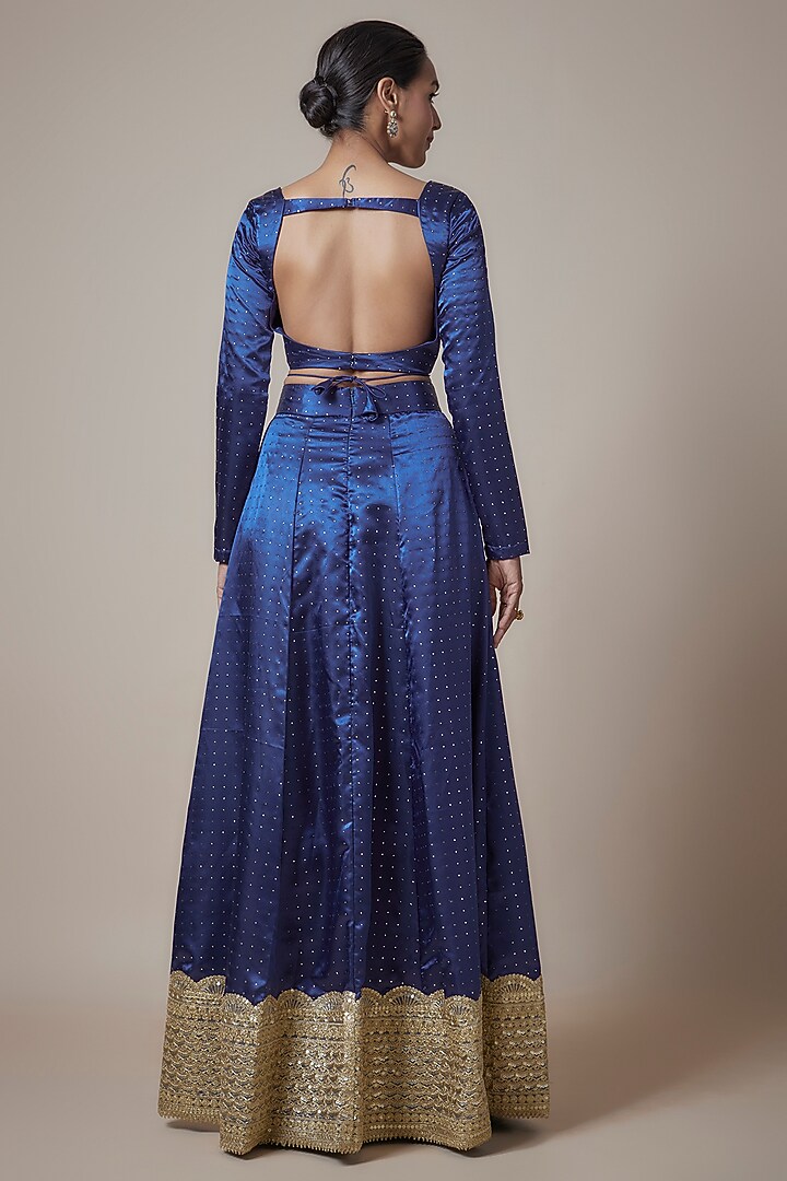 Navy Blue Recycled Polyester Printed & Embroidered Lehenga Set by Phatakaa at Pernia's Pop Up Shop