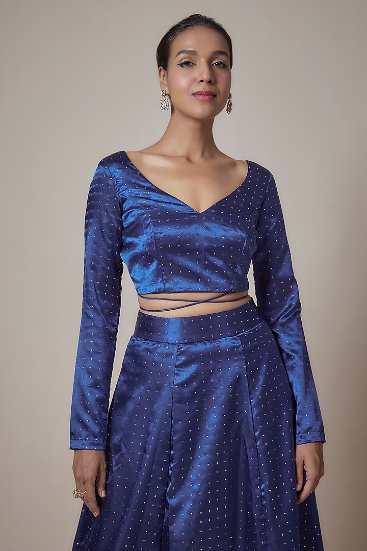 Navy Blue Recycled Polyester Printed & Embroidered Lehenga Set by Phatakaa at Pernia's Pop Up Shop