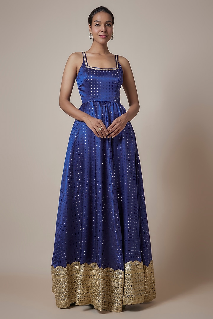 Navy Blue Recycled Polyester Metallic Embroidered Gown by Phatakaa at  Pernia's Pop Up Shop 2026