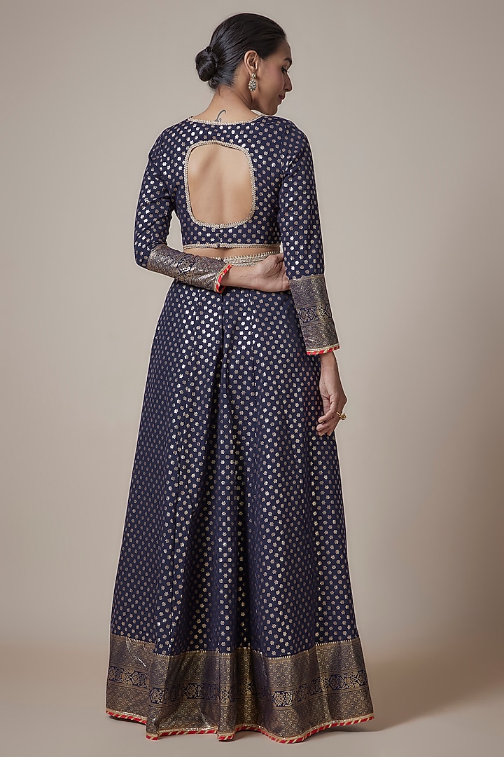 Navy Blue Recycled Polyester Metallic Embroidered Lehenga Set by Phatakaa at Pernia's Pop Up Shop