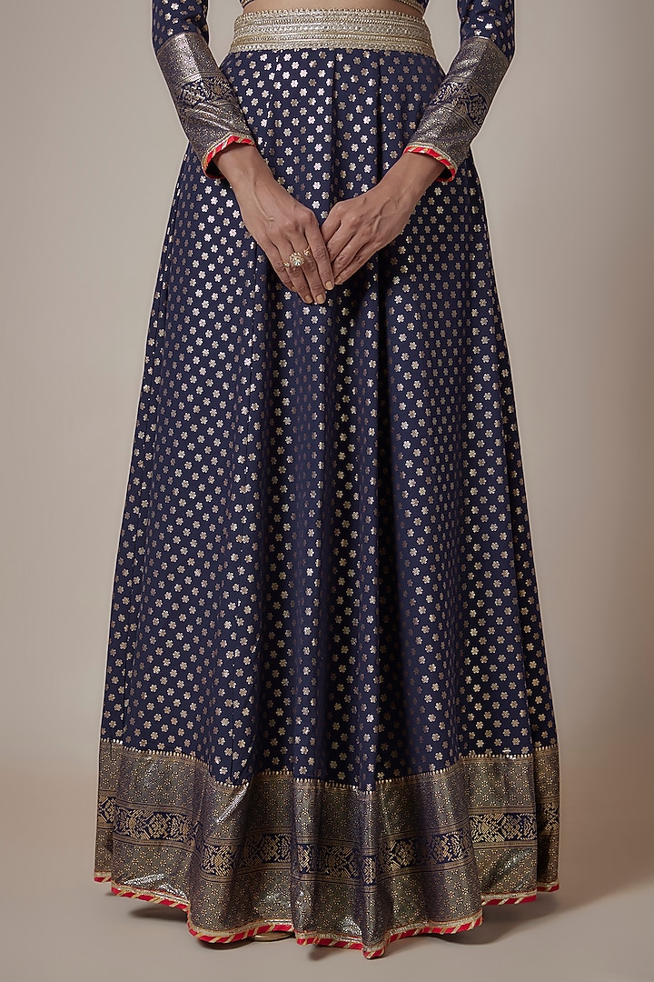 Navy Blue Recycled Polyester Metallic Embroidered Lehenga Set by Phatakaa at Pernia's Pop Up Shop