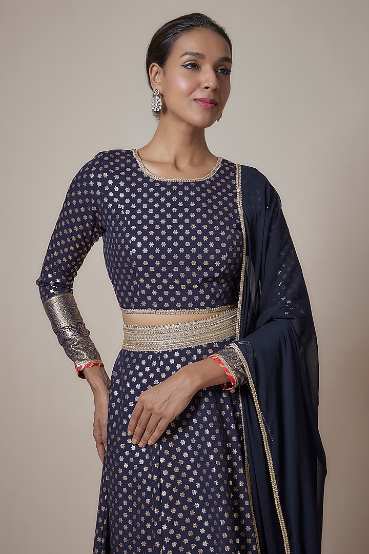 Navy Blue Recycled Polyester Metallic Embroidered Lehenga Set by Phatakaa at Pernia's Pop Up Shop