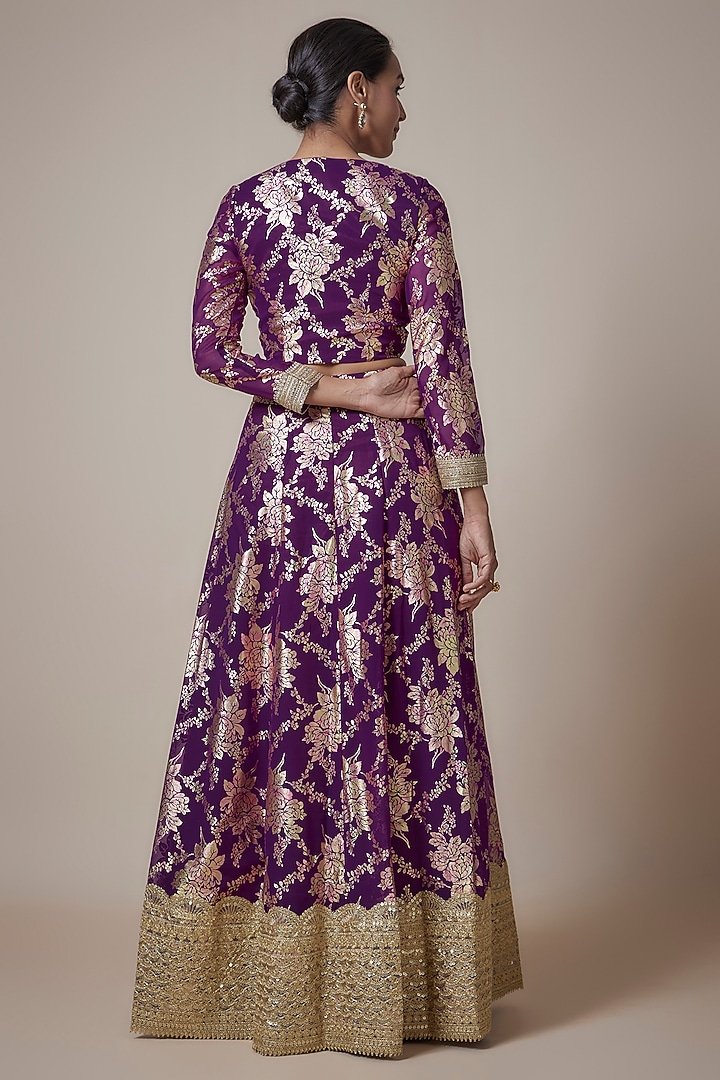 Purple Recycled Polyester Foil Printed Wedding Lehenga Set by Phatakaa at Pernia's Pop Up Shop