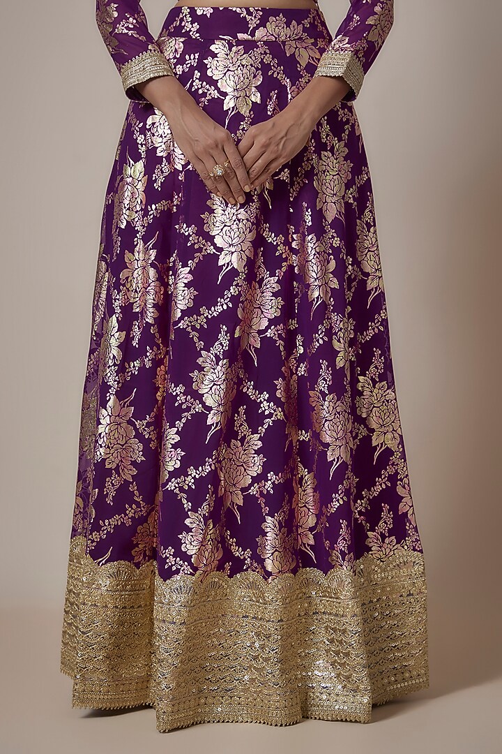 Purple Recycled Polyester Foil Printed Wedding Lehenga Set by Phatakaa at Pernia's Pop Up Shop
