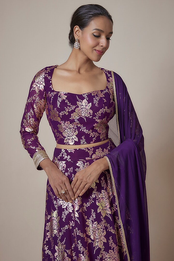 Purple Recycled Polyester Foil Printed Wedding Lehenga Set by Phatakaa at Pernia's Pop Up Shop