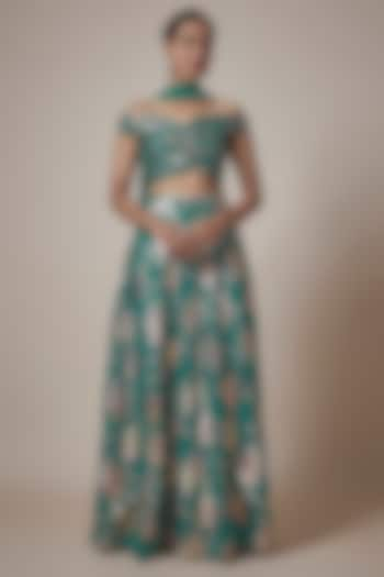 Teal Recycled Polyester Foil Printed Lehenga Set by Phatakaa at Pernia's Pop Up Shop