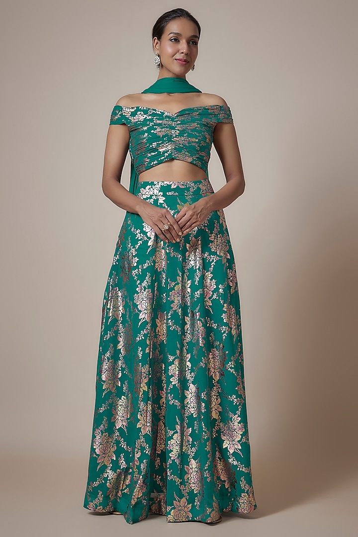 Teal Recycled Polyester Foil Printed Lehenga Set by Phatakaa at Pernia's Pop Up Shop