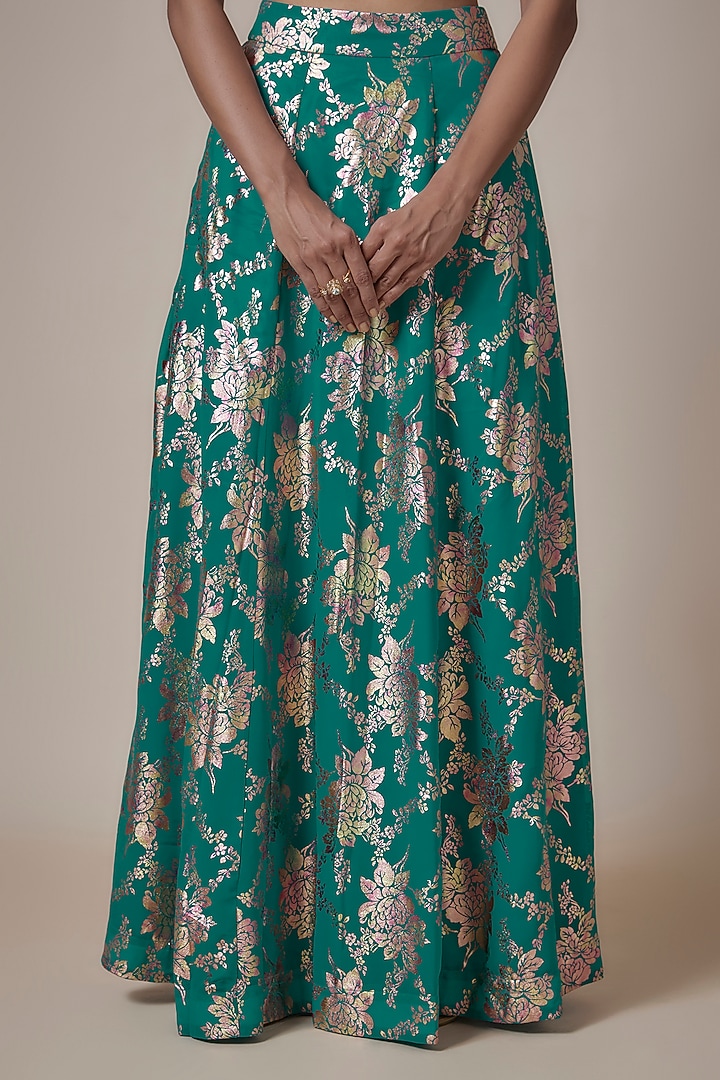 Teal Recycled Polyester Foil Printed Lehenga Set by Phatakaa at Pernia's Pop Up Shop