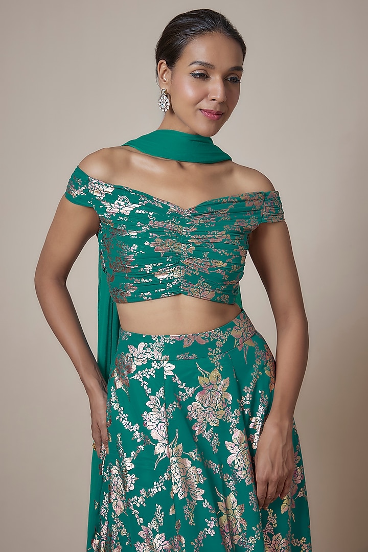 Teal Recycled Polyester Foil Printed Lehenga Set by Phatakaa at Pernia's Pop Up Shop