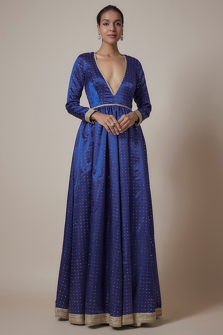 Navy Blue Recycled Polyester Metallic Embroidered Gown by Phatakaa at  Pernia's Pop Up Shop 2026