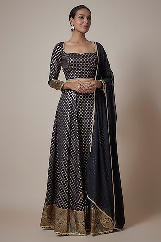 Black Recycled Polyester Metallic Embroidered Lehenga Set by Phatakaa