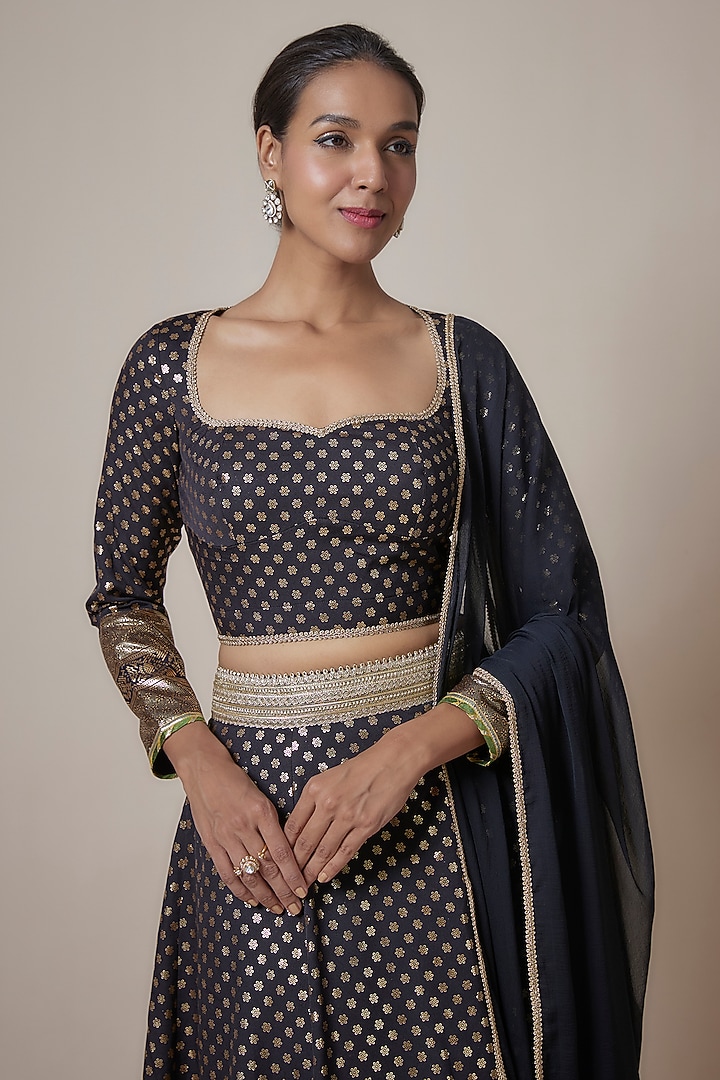 Black Recycled Polyester Metallic Embroidered Lehenga Set by Phatakaa at Pernia's Pop Up Shop