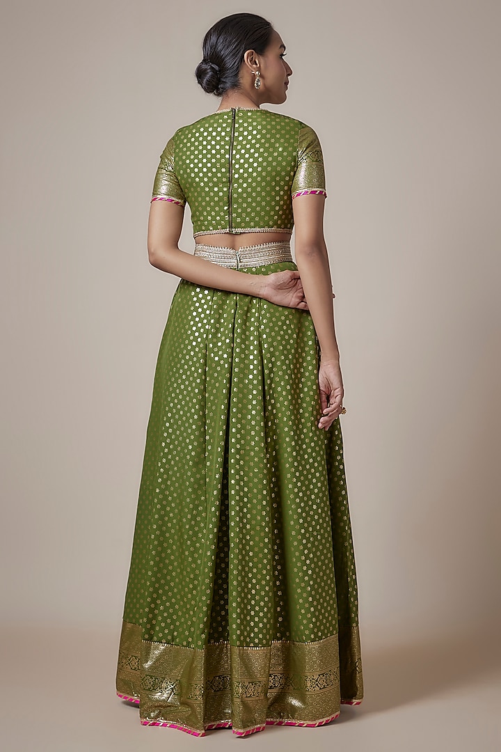 Olive Recycled Polyester Metallic Embroidered Lehenga Set by Phatakaa at Pernia's Pop Up Shop