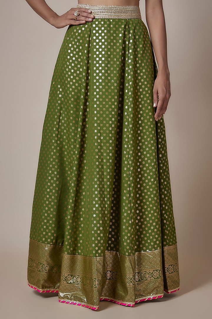 Olive Recycled Polyester Metallic Embroidered Lehenga Set by Phatakaa at Pernia's Pop Up Shop