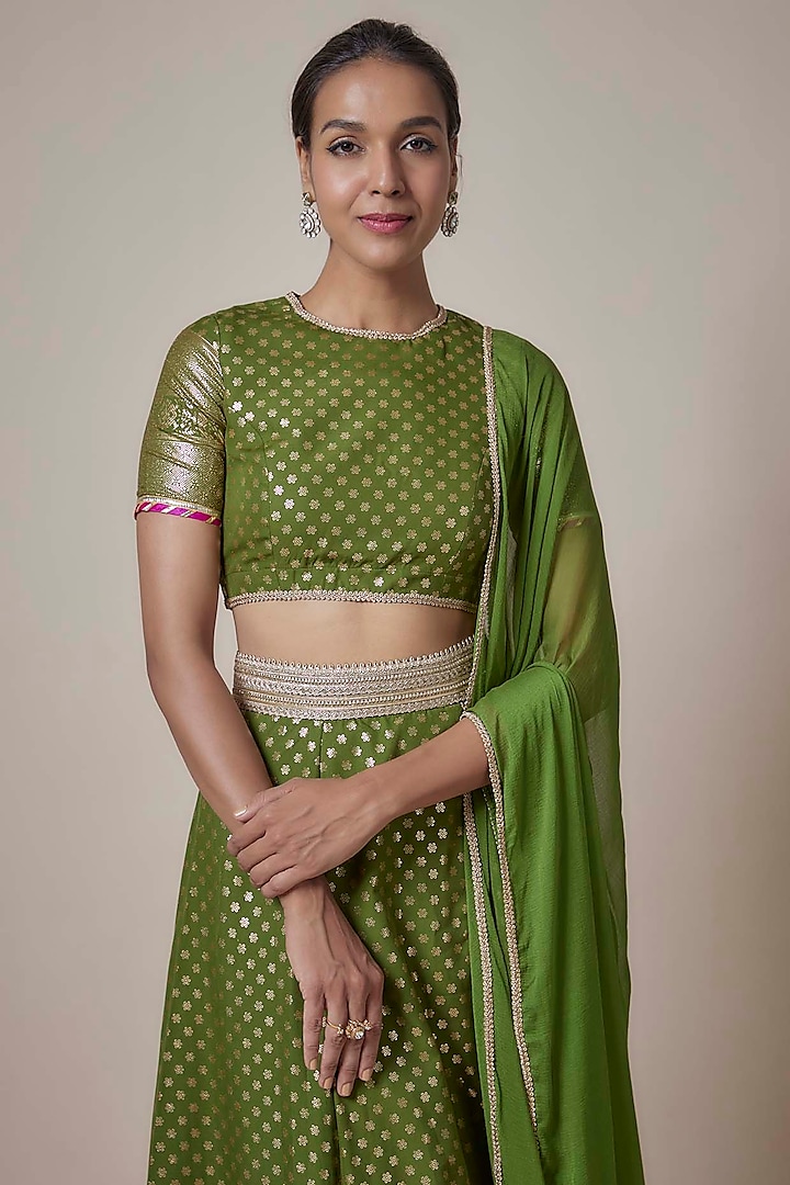 Olive Recycled Polyester Metallic Embroidered Lehenga Set by Phatakaa at Pernia's Pop Up Shop
