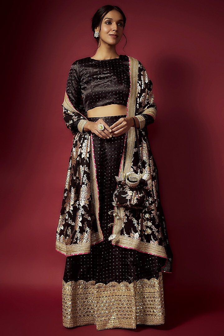 Black Recycled Polyester Printed Wedding Lehenga Set by Phatakaa at Pernia's Pop Up Shop