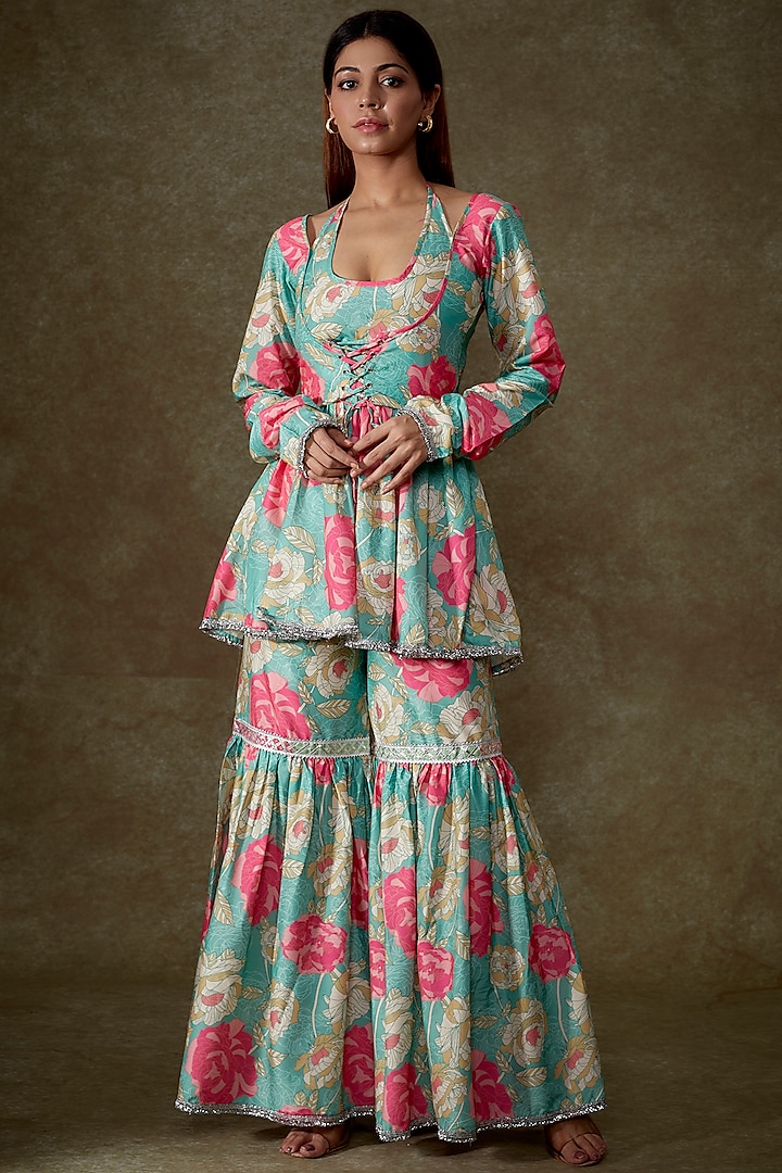 Green Muslin Printed Party Wear Sharara Set by Phatakaa at Pernia's Pop Up Shop