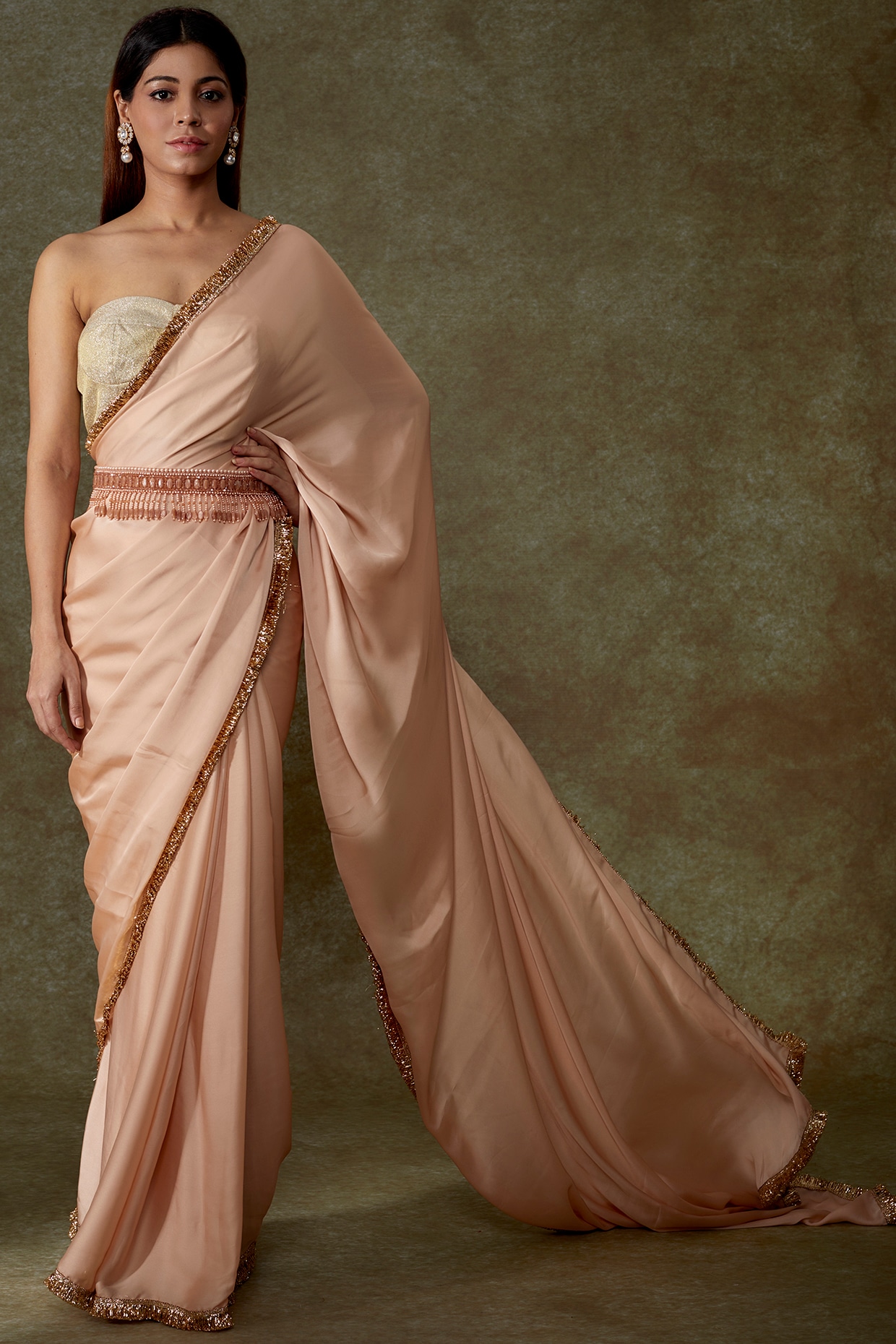 Peach Satin Silk Fabric Fancy Weaving Work Saree