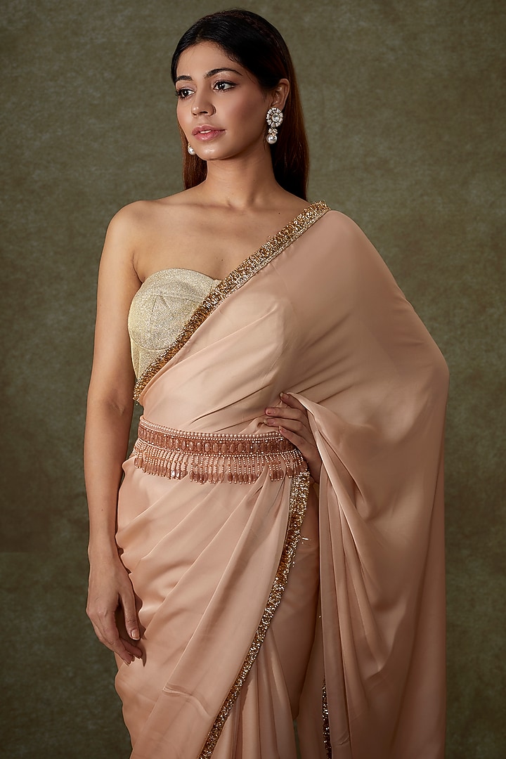 Peach Satin Georgette Party Wear Saree Set by Phatakaa at Pernia's Pop Up Shop