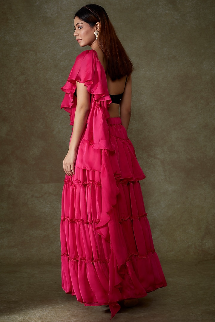 Pink Satin Georgette Pre-Draped Ruffle Party Wear Saree Set by Phatakaa at Pernia's Pop Up Shop