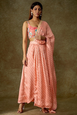 Pink Satin Georgette Pre-Draped Printed Saree Set by Phatakaa
