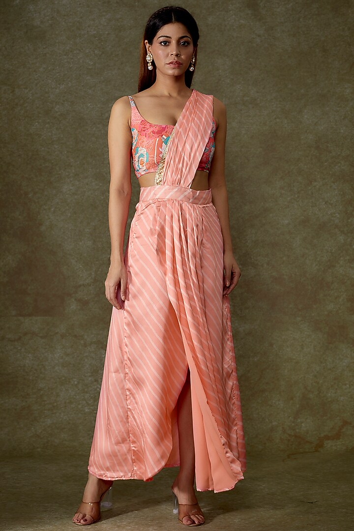 Pink Satin Georgette Pre-Draped Printed Party Wear Saree Set by Phatakaa at Pernia's Pop Up Shop