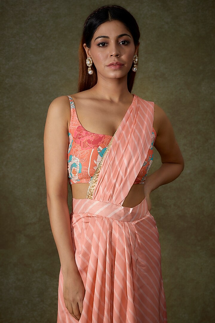 Pink Satin Georgette Pre-Draped Printed Party Wear Saree Set by Phatakaa at Pernia's Pop Up Shop