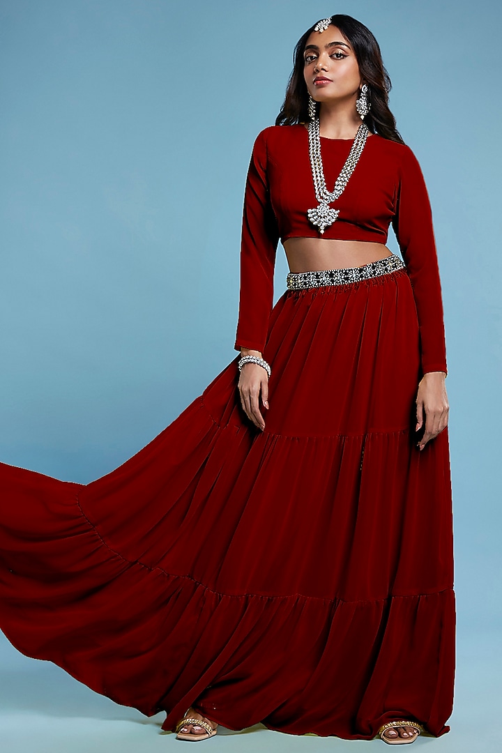 Maroon Recycled Polyester & Georgette Tiered Lehenga Set by Phatakaa at Pernia's Pop Up Shop