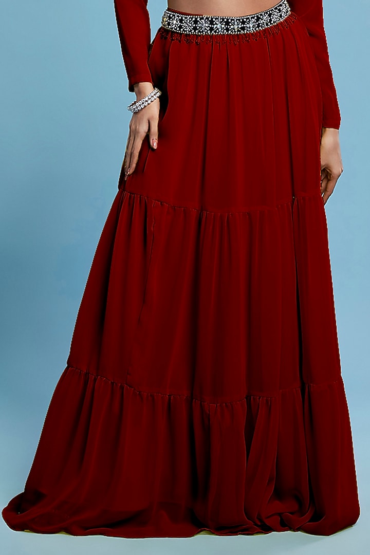 Maroon Recycled Polyester & Georgette Tiered Lehenga Set by Phatakaa at Pernia's Pop Up Shop