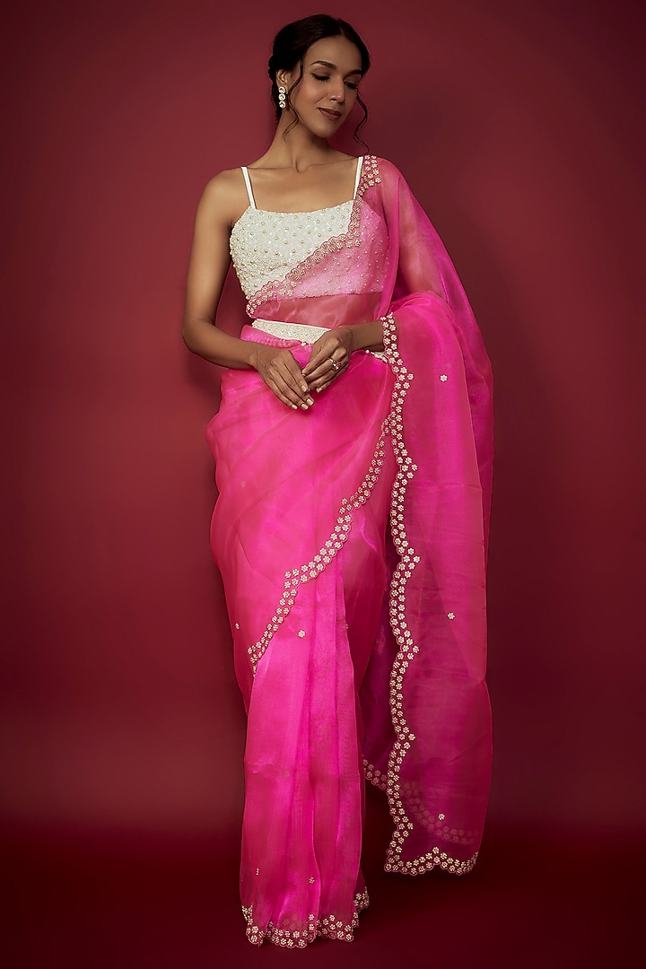 Neon Pink Silk Organza Scalloped Wedding Saree Set by Phatakaa at Pernia's Pop Up Shop