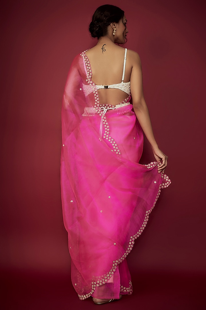 Neon Pink Silk Organza Scalloped Wedding Saree Set by Phatakaa at Pernia's Pop Up Shop