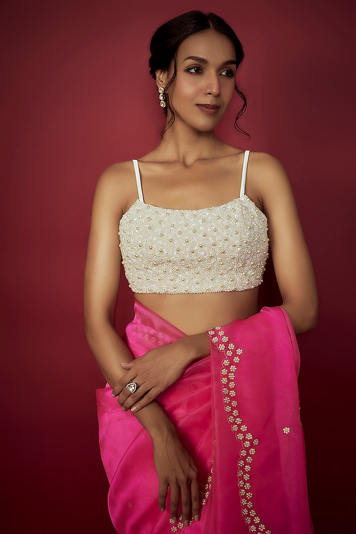 Neon Pink Silk Organza Scalloped Wedding Saree Set by Phatakaa at Pernia's Pop Up Shop