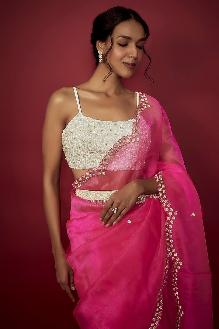 Neon Pink Silk Organza Scalloped Wedding Saree Set by Phatakaa at Pernia's Pop Up Shop