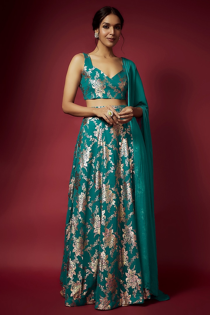 Teal Recycled Polyester Foil Printed Lehenga Set by Phatakaa at Pernia's Pop Up Shop