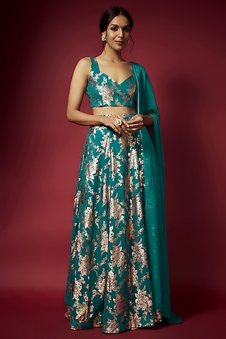 Teal Recycled Polyester Foil Printed Lehenga Set by Phatakaa